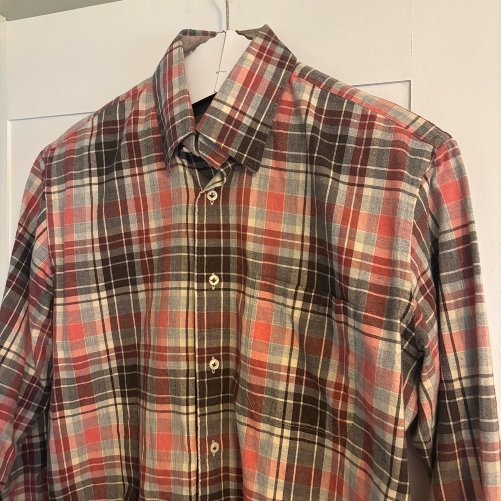 Men’s Peter Millar plaid long sleeve button down brown red beige lightly flannel